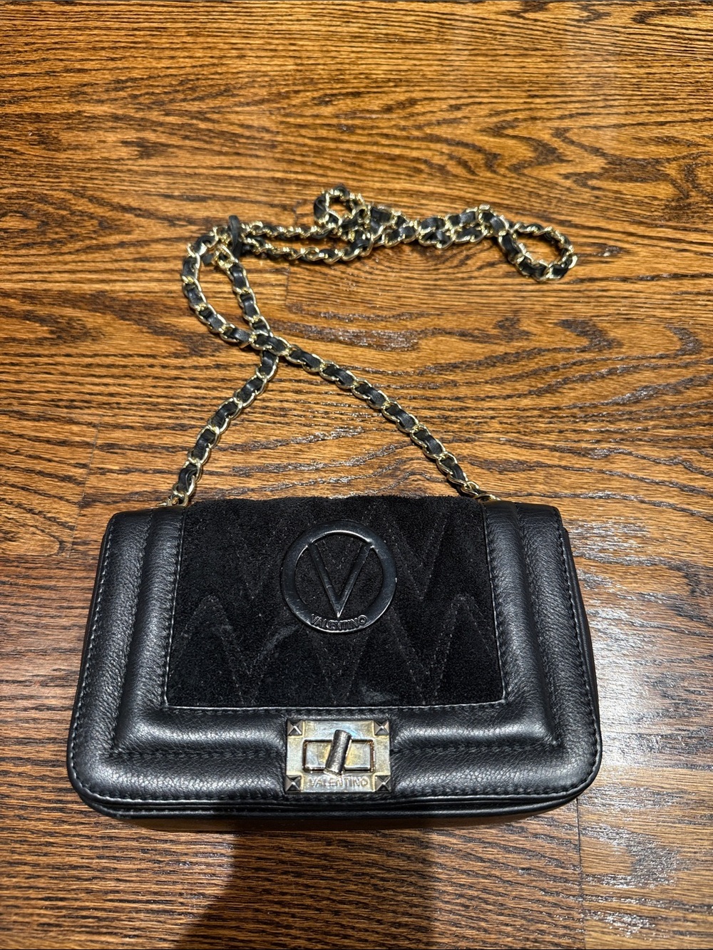 Valentino Black Leather & Suede Chain Crossbody Bag with Gold Hardware